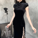 Retro Style Improved Cheongsam Female Ins Winter New Girl Forked Dress Temperament Slim Skirt-Outfit