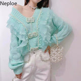 Women Sweater Fashion Patchwork Lace Ruffles Knit Cardigan Korean Beading Pink Y2K Tops 2023 Autumn Woman Swaters