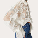 Toloer 2024 New Fashion Lapel Heavy Industry Organza Embroidery Three-Dimensional Flower Sequin Splice Design Sense Shirt-Outfit