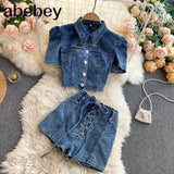 2022 Fashion Runway Summer Skirt Pant Women's Denim Sexy Short Sleeve Crop Top And Shorts 2 Two Piece Set Female