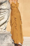 Sexy Summer Dress For Women 2023 V Neck Sleeveless Off Shoulder High Waist Ruffle Trim Irregular Midi Dresses Female