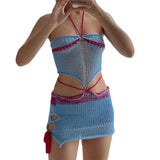 Summer New Color Hanging Neck Strap Broth Knitting Sexy Bag Hip Skirt Knitted Suit