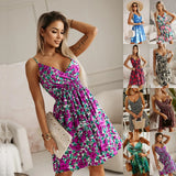Wise New Summer V-Neck Fashion Floral Sling Waist Dress Woman-Outfit