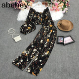 New Summer Fashion All-match Square collar puff sleeve Shirt+high waist wide leg Pant two piece