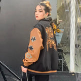 HOUZHOU Retro Streetwear Brown Leather Patchwork Baseball Jacket Women Vintage Print Autumn Winter Fashion College Coats