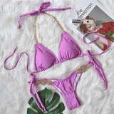 Toloer New Luxury Rhinestone Bikini Solid Color Sexy Strap On Swimsuit Vacation