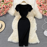 Thin Collar Knitted Dress Short Sleeve 2025 Summer New Temperament Sexy Hot Ass Long