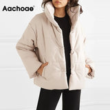 Aachoae Women High Street PU Leather Thin Parka Coats Fashion Solid Faux Leather Jacket Coat Female Chic Winter Cotton