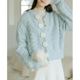 Blue Knitted Rose Buttoned Cardigan-Outfit