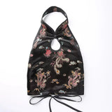Chinese Qipao Style Sexy Women Cheongsam Halter embroidery Backless Goth Vest top bow knot tied Crop Top Tee-Outfit