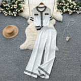 Fragrant Breeze Sleeze Sleeze Round-Neck Collar Knitted Top Women High-Waisted Leisure Broad-Legged Pants Summer