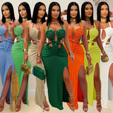 Knitted Suit Woman Sexy V-Necked Leaf Sleeve Top + Striped Ass Skirt