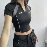 Hot Wind Hit Color Thick Line Embroidery Half-High Collar Short Locomotive Personality Zipper Slim T-Shirt Summer Style-Outfit