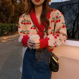 Vintage Long Sleeve Cherry Pattern Knitted Cardigan For Women Autumn Winter Korean Sweaters Female Cardigan Jacket With