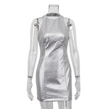 Toloer Summer New Pu Leather Dress Female Silver Fashion Sexy Show Backpack Hip Short Skirt-Outfit