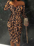 Winter Brown Leopard Print Party Sweetheart Long Sleeve Midi