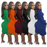 Toloer New Women's Solid Color High Collar Flounce Handmade Knitted Dress-Outfit