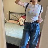 Japanese Kawaii T-shirt 00s Harajuku White Tee Shirt Fairycore Y2k Tops Cute Star Print Short Sleeve Tshirt E-girl