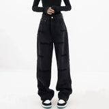 and autumn plus size women embroidered straight jeans loose slim high waist floor mopping wide leg pants baggy jeans-Outfit