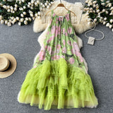 Retro Court Style Design With A Sense Of Fashion Print Splicing Mesh Tau Pong Irregular Lotus Leaf-Side Dress