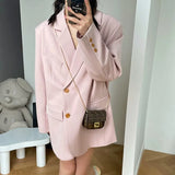 Breasted Shoulder Pad Flap Pocket Front Plus Blazer Pink Green Gray Autumn Casual Oversize Women