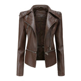 2021 Women Autumn zipper Soft Leather Jacket Coat Turn-down Collar Casual Pu Motorcycle Black Punk