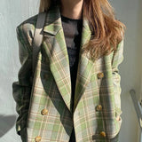 Women Vintage Plaid Blazer Long Sleeve Double-Breasted Jacket Lady Loose Casual Street Wear Suit Autumn