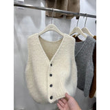 Solid Color Sleeveless Cardigan Knitted Vest 2024 Autumn And Winter New Style Folded Sweater Women's Dress-Outfit