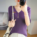 Toloer 2024 New Short Knit Women's Fashion Slim Short-Sleeve T-Shirt Thin Medium Sleeve Top-Outfit