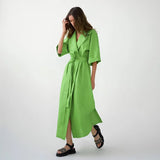 Elegant Lace Up Robe Dress Summer Wrap Long Dresses Women Casual Loose Half Sleeve Cotton Linen Office Blazers