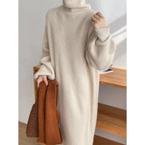 Women's Solid High Neck Roll Collar Sweater Dress 2022 Winter Khaki White Black Brown Long Loose Slim Padded Knit
