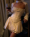 White Satin Pearl Tassel Corset Top-Outfit