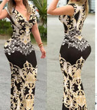 Toloer Summer Women's Sexy Fashion V-Neck Sleeveless Print Bag Hip Long