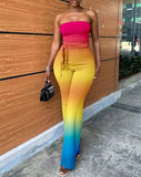 Women's Summer Bandeau Sleeveless Jumpsuits with Belt Non-Stretch Ombre Tie Dye Tied Detail Straight Leg Female