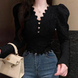 Fashion Shirts Women Puff Loong Sleeve V Neck Autumn Winter Slim Lace Patchwork Crop Tops Female Sexy Elegant Blouse-Outfit