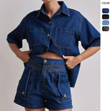 Summer Women's Casual Retro Loose Shirt Denim Shorts Set