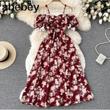 Women Casual Summer Female Fashion Strap Dress Slash Neck Korean Floral Sundress Ladies Lace Party Beach Long