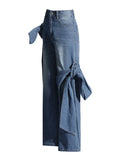 Toloer 2024 New Wash Do Old Splicing Bow Wide Leg Pants Design Sense High Waist Show Skinny Jeans Woman-Outfit