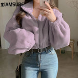 IAMSURE Solid Zipper Lapel Short Coats Women Long Sleeves Oversize Jackets Streetwear Female Fleece Overcoats 2020 Winter