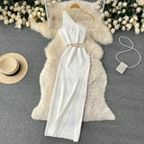 Pink Summer Women Solid 2 Piece One Shoulder Crop Top Tanks Slit Midi Skirt Set Bodycon Sexy Party Elegant