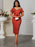 Round-Neck Nail Beaded Leaf-Side Dress Banquet Temperament High-Waisted Body-Body-Cuffed Dress