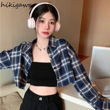 Crop Tops Blouse for Women Korean Casual Plaid Shirts High Waist Long Sleeve Loose Blouses 2023 Blusas Mujer De Moda