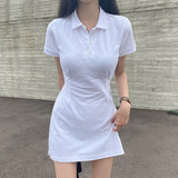 Toloer Chic Spring Retro Niche Lapel Slim Slim Pure Color Short Sleeve Short Package Hip Dress Short Skirt-Outfit