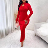 Toloer Autumn And Winter Knitting Sexy Wind Women's Clothing Spring And Summer Slim Draw Pleated Half High Collar Long Sleeve Dress Dress Female-Outfit