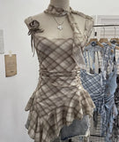 Shooting Retro Tie-Dye-Print Mesh Sling Sling Sling Vest Irregular Lotus Leaf Edge Ribbon Sleeveless Top