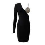 Black Sexy Cut Out Dress For Women V Neck Long Sleeve Patchwork Diamonds Asymmetrical Sheath Mini Dresses