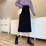 Fashion Autumn Winter Knitted Back Split Long Pleated Skirt Women Japan Style Black Mid-Length High Waist Skirt
