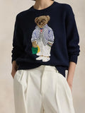 New Women's Bear Embroidered Retro Body Sweater College Style Knitted Shirt