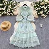 High-End Elegant Dress Female Senior Sense Strap To The Waist Lantern Sleeve Embroidered Mesh A Word Over Knee