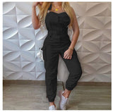 Women's Work-Packed Pocket Design Jumpsuit Sleeveless Backs And Trousers Simple Restraints Trousers +